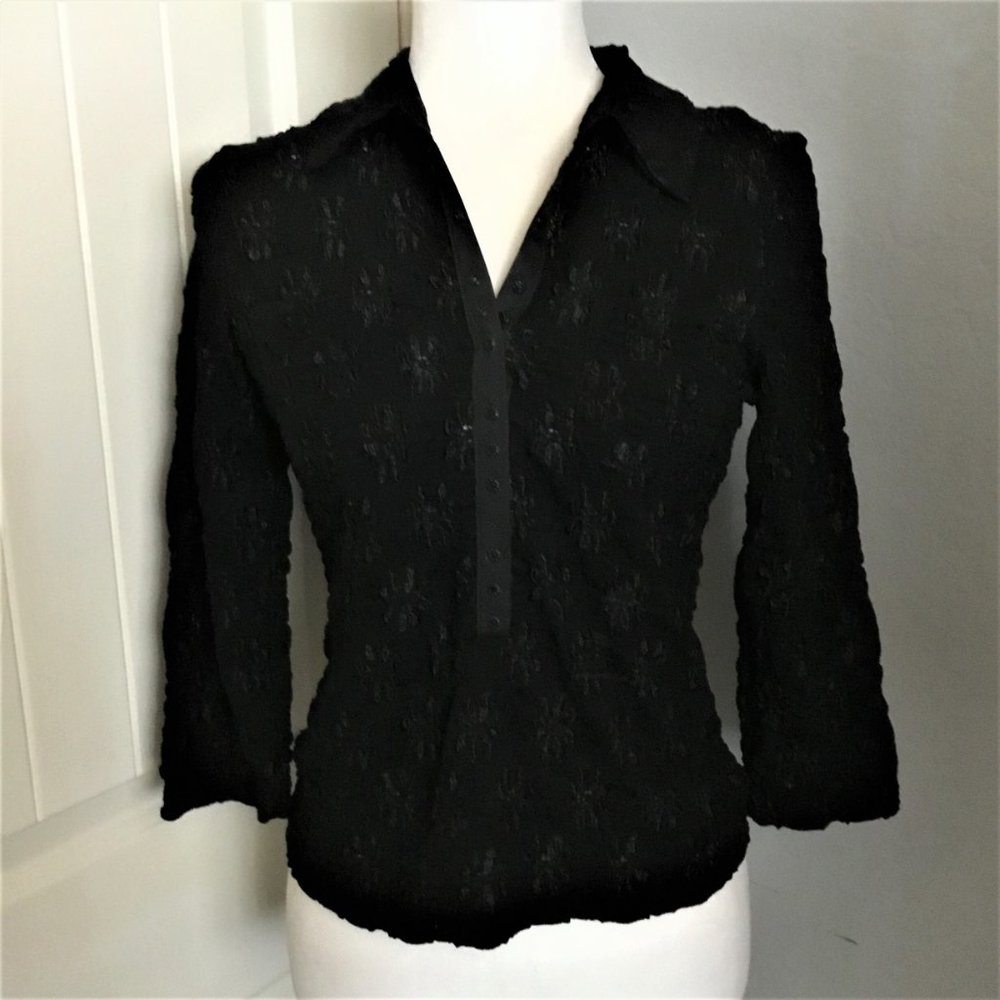 INC Women's 3/4 Sleeve Puckered Snap Front Placket Collared Black Shirt Small